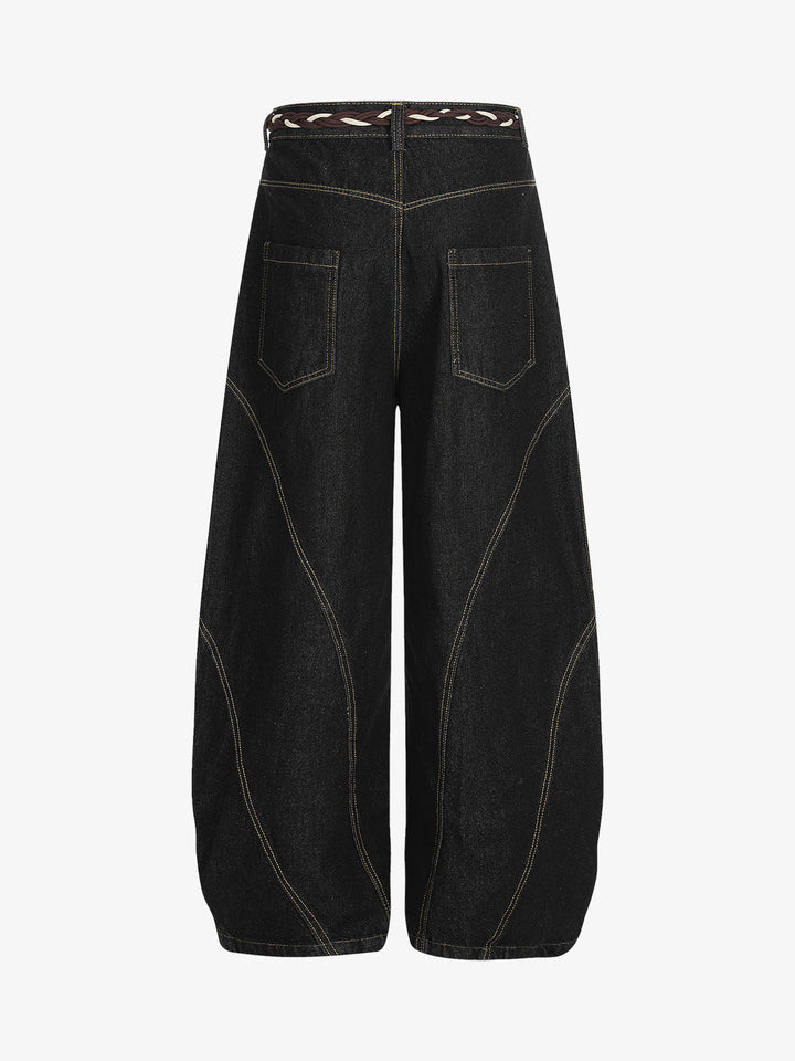 Denim Retro Belt Detail With Patchwork Barrel Jeans - 2490