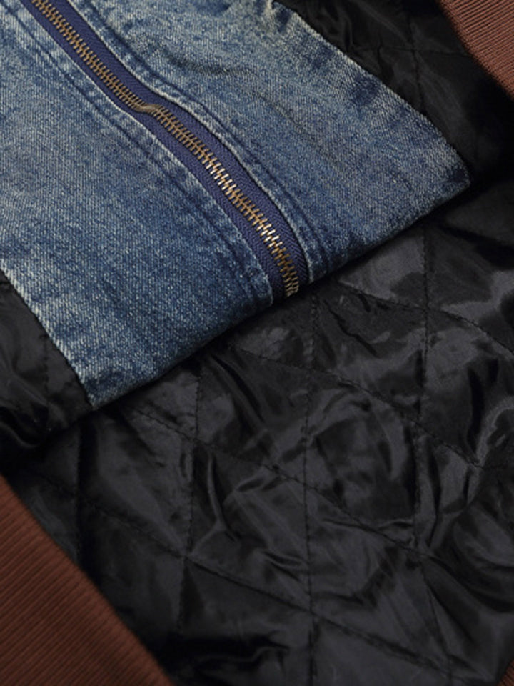 Alphabet Patch Embroidered Quilted Denim Bomber Jacket - 2311