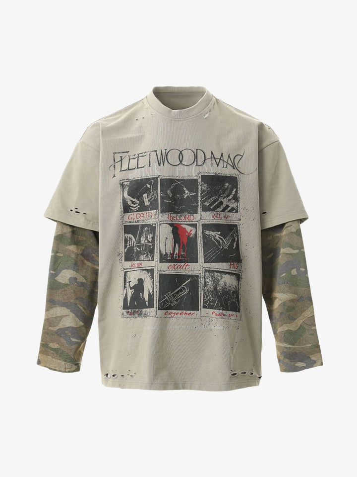 Distressed Camouflage Faux Two-Piece Graphic T-Shirt - 2420