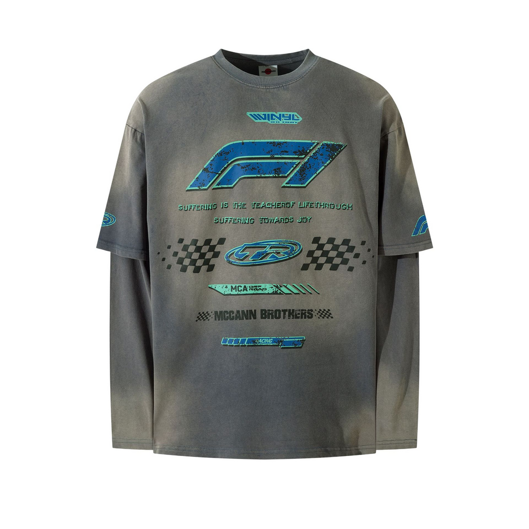 Distressed Printed Faux Two-piece Long-sleeved T-shirt