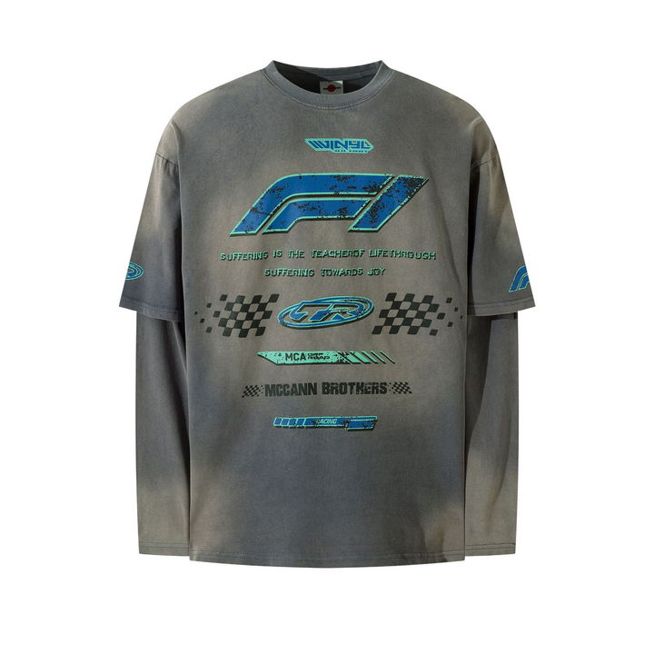 Distressed Printed Faux Two-piece Long-sleeved T-shirt