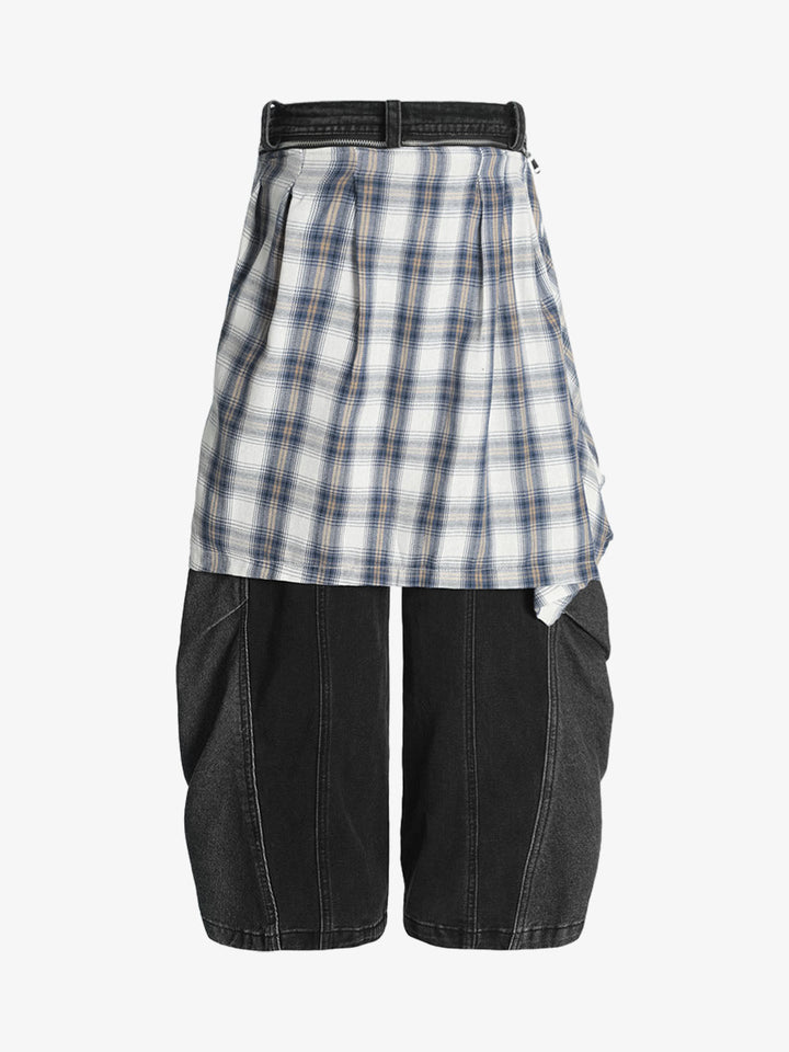 Faux Two-piece Plaid Detachable Scimitar Jeans