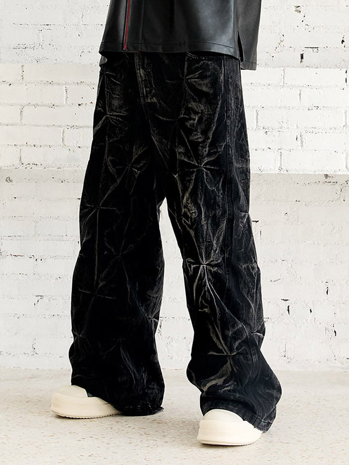 Heavy Washed Distressed Pleated Baggy Jeans - 2282