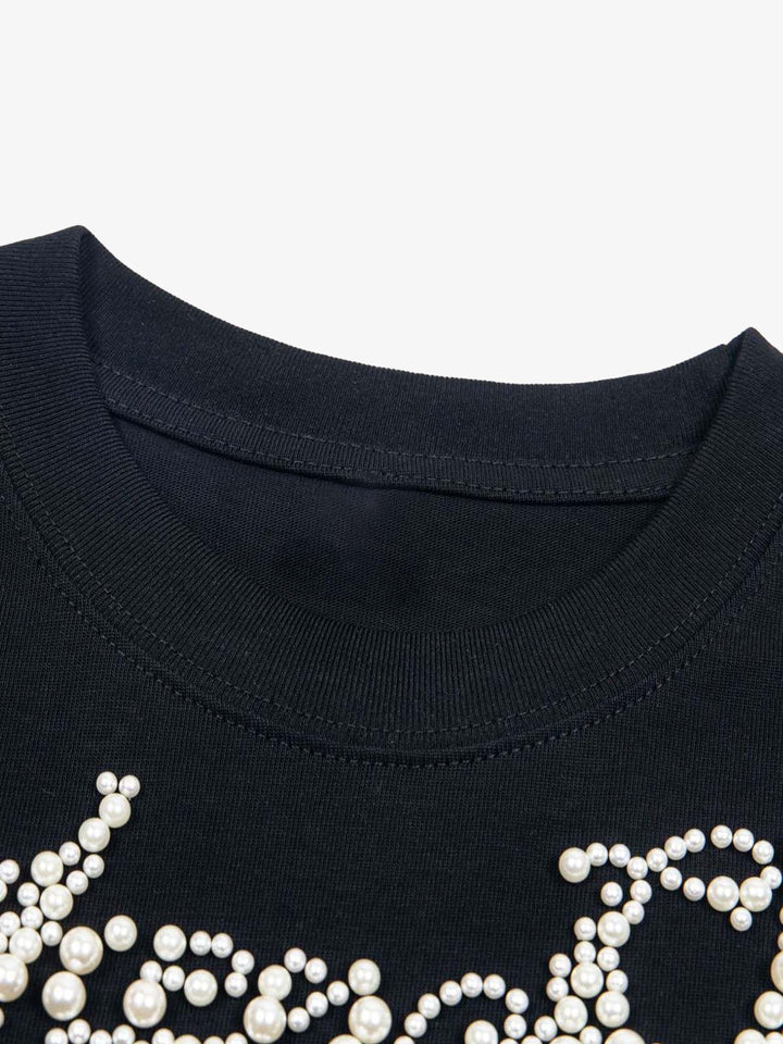 Retro Embroidery Beaded Letter Print T-shirt