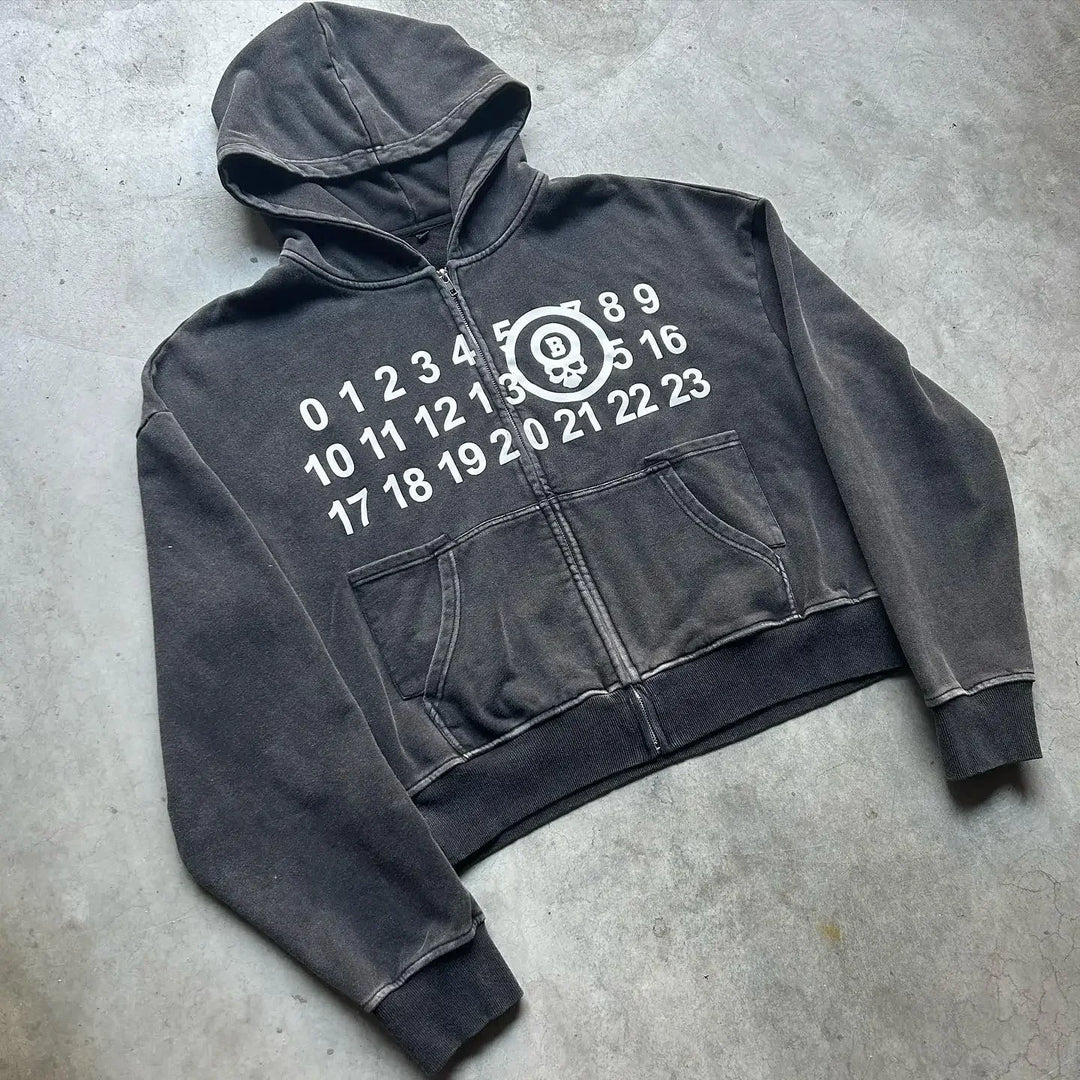 'Cipher' Vintage Skeleton Print Zip Hoodie