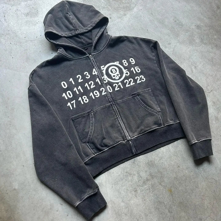 'Cipher' Vintage Skeleton Print Zip Hoodie
