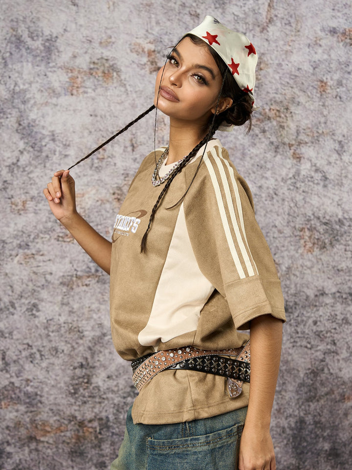 Suede Contrast Color Spliced Letter Embroidery Oversize T-shirt