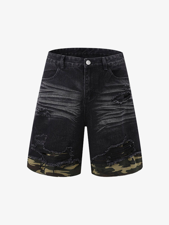 Thesupermade Patchwork Camouflage Ripped Shirt Jorts Denim Suit