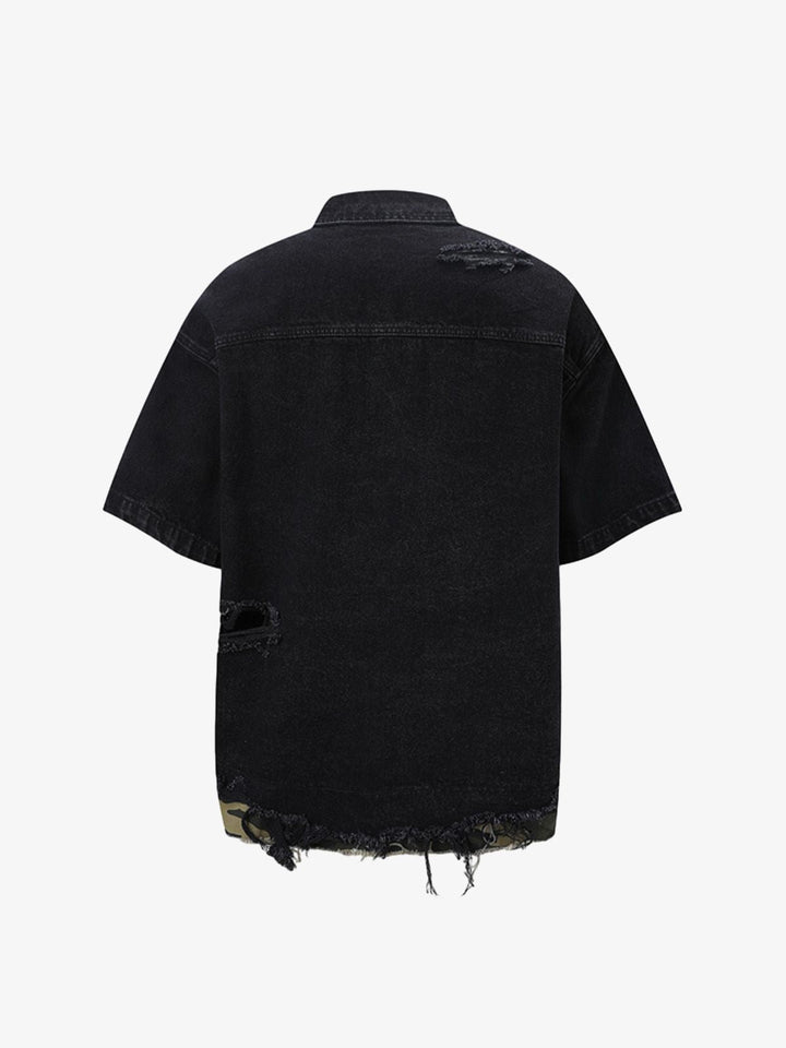 Thesupermade Patchwork Camouflage Ripped Shirt Jorts Denim Suit