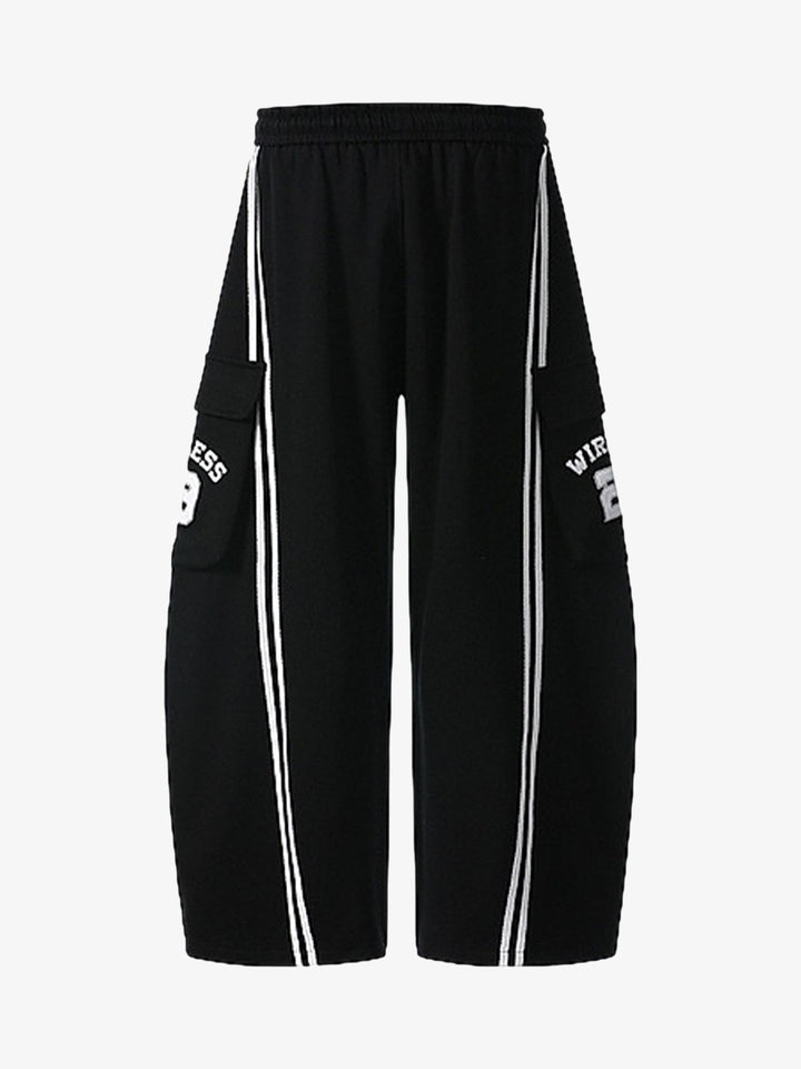 Web Stitching Letter Print Drawstring Barrel Pants