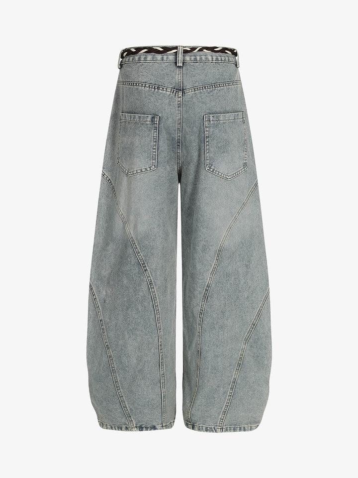 Denim Retro Belt Detail With Patchwork Barrel Jeans - 2490