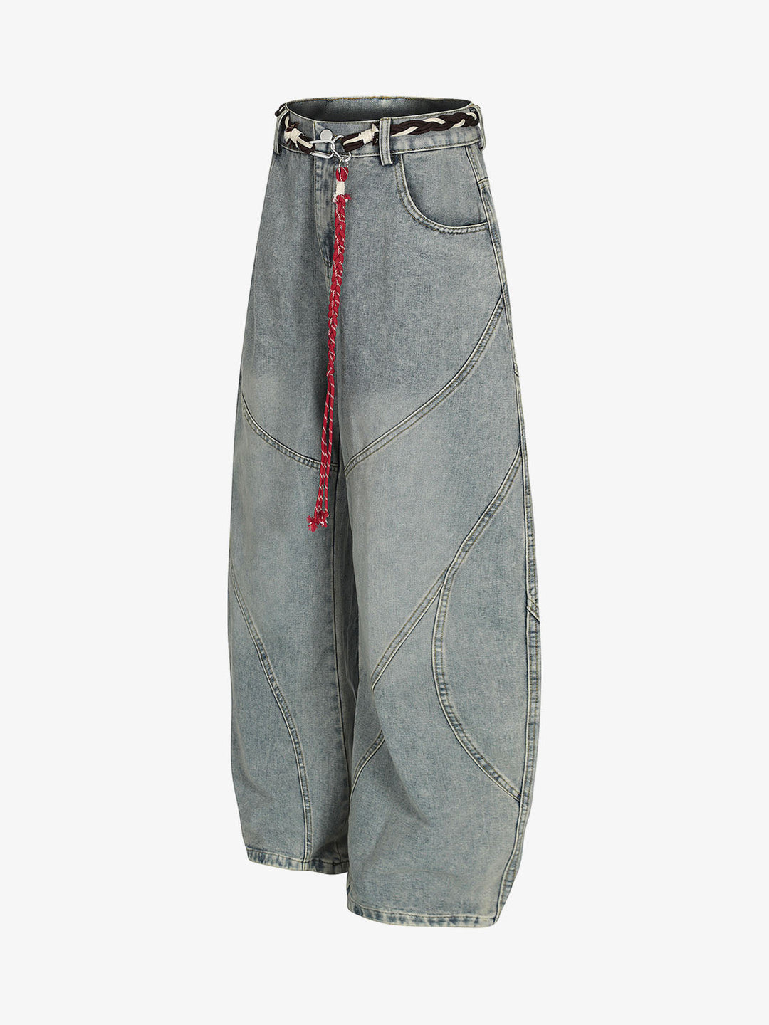 Denim Retro Belt Detail With Patchwork Barrel Jeans - 2490